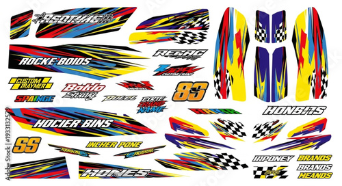 Colorful racing boat decals with various designs and text elements.