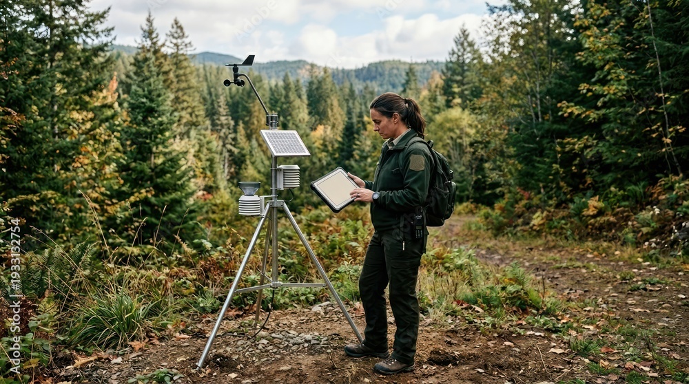 Naklejka premium Researcher examines data near weather station in forest.