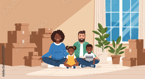 Happy beautiful African American family sitting on the floor surrounded by brown cardboard boxes celebrating moving into their new home.