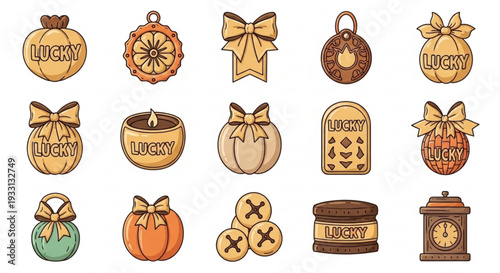 Collection of lucky charms and symbols for st patrick's day including pumpkins coins and bows on white background