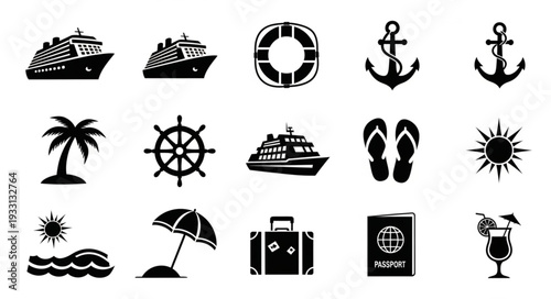 Collection of cruise ship, travel, and vacation related icons in black and white.