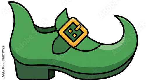 Green cartoon shoe with yellow buckle and pointed toe isolated on white background for st patrick's day or festive designs