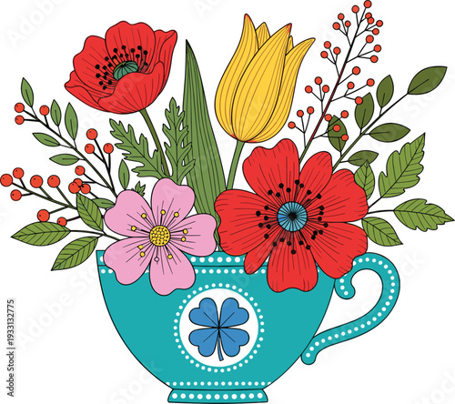 Decorative floral arrangement in teacup with colorful flowers and botanical vintage illustration
