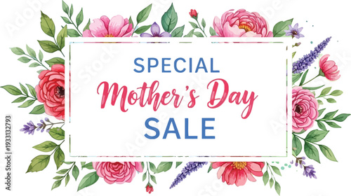 Special Mother's Day Sale banner with watercolor floral frame featuring pink roses and purple lavender on a white background