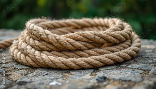 Close up of coiled natural fiber rope on rough ground, detailed braided texture, warm sunlight, shallow depth of field, green blurred background, realistic outdoor setting