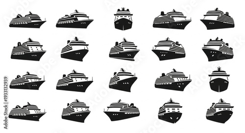 Collection of various cruise ship illustrations in black and white, perfect for design.