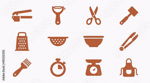 Essential Kitchen Tools and Cooking Utensils Vector Icon Set for Culinary Design Projects