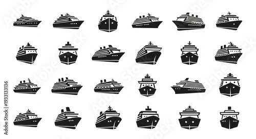 Collection of various cruise ship illustrations in black and white, artistic design.