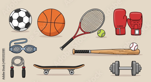 Collection of sports equipment and accessories for various games and training