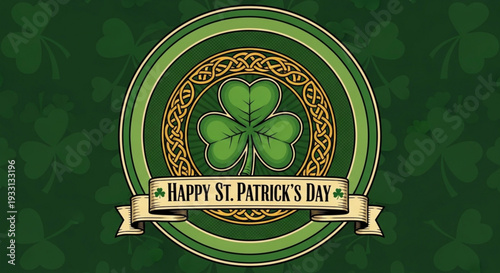 St patrick's day celebration emblem with shamrock and celtic knot on green background for festive irish holiday