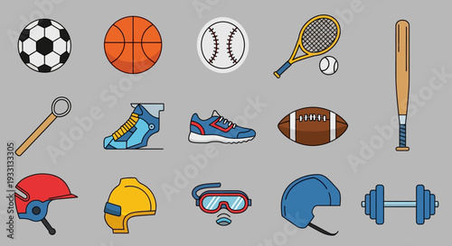 Collection of Sports Equipment Icons on Gray Background