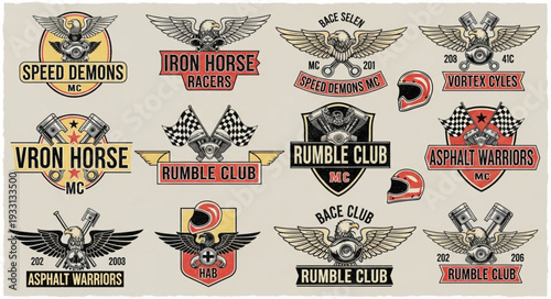 Motorcycle club emblems featuring wings, skulls, and racing flags in various designs.