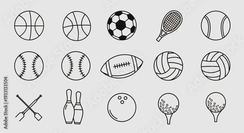 Collection of Sports Balls and Equipment Icons on Gray Background