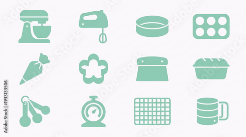 Comprehensive collection of essential baking tools and kitchen equipment flat vector icons perfect for culinary projects and dessert preparation