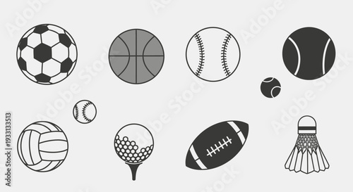 Collection of Sports Balls and Equipment Icons on Gray Background
