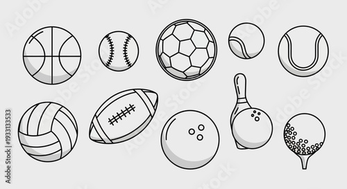 Collection of Sports Balls and Equipment Icons, Vector Illustration