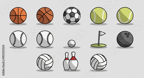 Collection of Sports Balls and Equipment Icons, Flat Design