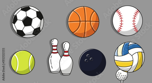 Collection of sports balls and equipment on a gray background, top view