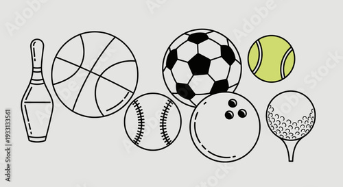 Collection of sports balls and equipment on a plain background