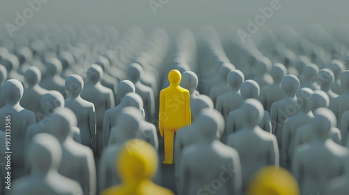 Shining Distinctively: A lone, brightly colored figure stands out amidst a crowd of indistinguishable people. Illustrating concepts of individuality, leadership, and standing out.