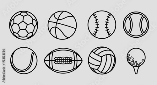 Collection of Sports Balls Icons: Soccer, Basketball, Baseball, Tennis, Football, Volleyball, Golf