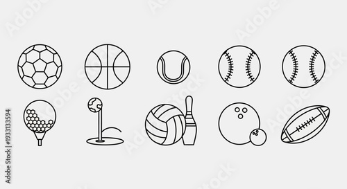 Collection of Sports Balls Icons: Soccer, Basketball, Tennis, Baseball, Golf, Volleyball, Bowling, Football