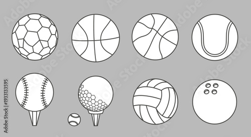 Collection of Sports Balls Icons: Soccer, Basketball, Tennis, Baseball, Golf, Volleyball, Bowling