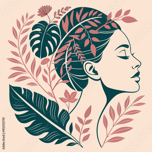 Abstract Feminine Portrait Vector Formed from Flowing Tropical Leaves and Floral Shapes in Muted Pink and Deep Emerald