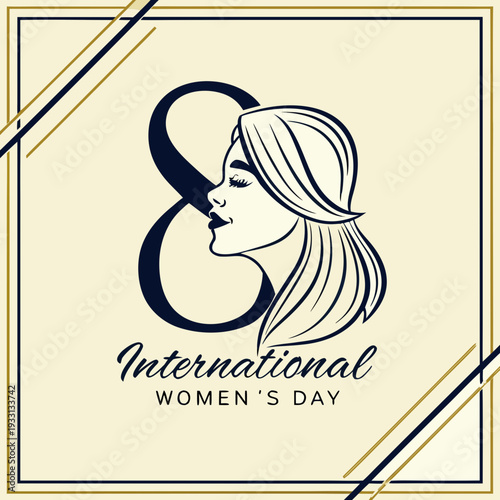 Luxury International Women’s Day Social Media Template with Bold ‘8’ and Feminine Silhouette in Ivory and Gold