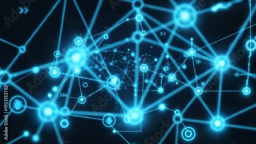 Abstract Network of Glowing Blue Nodes and Lines on Dark Background.