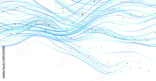 Abstract design featuring flowing blue lines with green dots on a white background. This image conveys a sense of moveme
