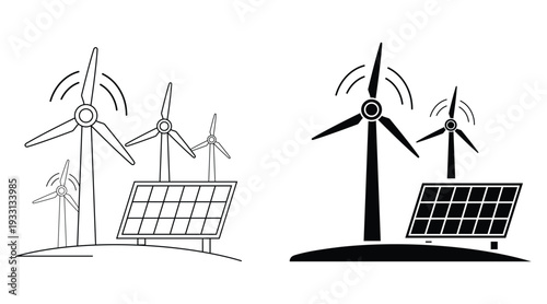 Wind Turbine and Solar Panel Icon Set – Renewable Energy and Clean Power Vector Illustration
