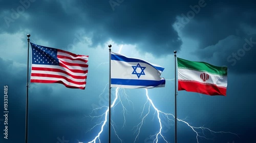 Three national flags of the USA, Israel, and Iran on flagpoles with dramatic storm clouds and lightning in the background
