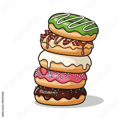 Stack of Delicious Donuts with Various Toppings and Frostings