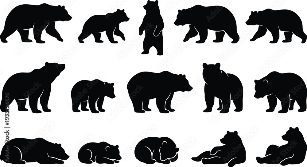 Fototapeta premium Collection of twelve beaver silhouette illustrations showing wildlife behavior such as gnawing, swimming, building, carrying logs, and resting for educational and environmental design use