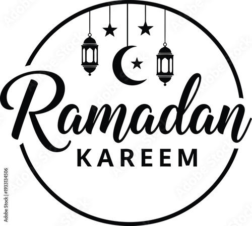 Ramadan kareem logo with lanterns moon and stars