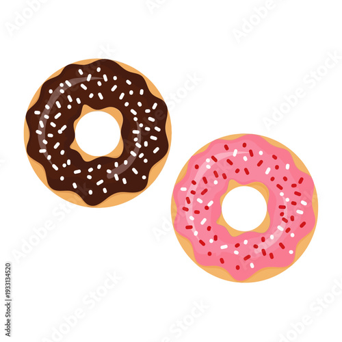 Two delicious donuts, one chocolate and one strawberry, with sprinkles, isolated on white background