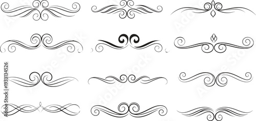 Collection of 12 unique black and white ornamental swirl design elements
