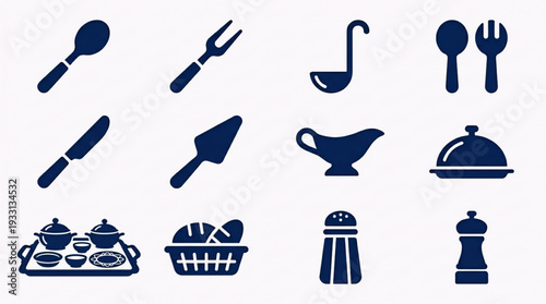 Comprehensive Collection of Kitchen Utensils and Dining Serveware Silhouettes for Culinary Design Projects