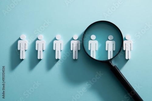 Human resource scrutiny: A close-up view of a series of miniature human figures, with one pair under intense scrutiny through a magnifying glass, accentuating the process of human resource assessment.
