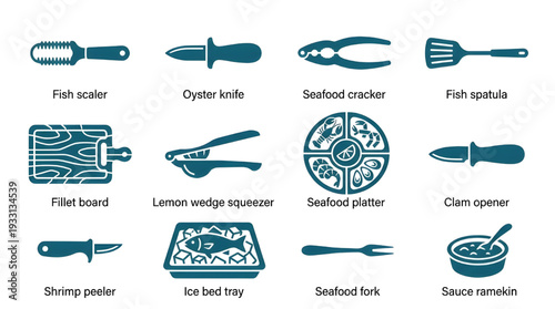 Comprehensive Set of Kitchen Tools and Utensils for Seafood Preparation and Dining Experience