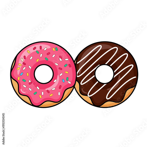 Two delicious donuts, one pink with sprinkles, one chocolate with white icing