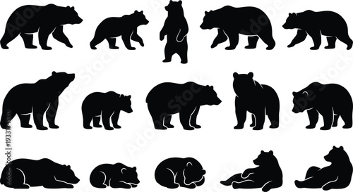 Collection of twelve beaver silhouette illustrations showing wildlife behavior such as gnawing, swimming, building, carrying logs, and resting for educational and environmental design use