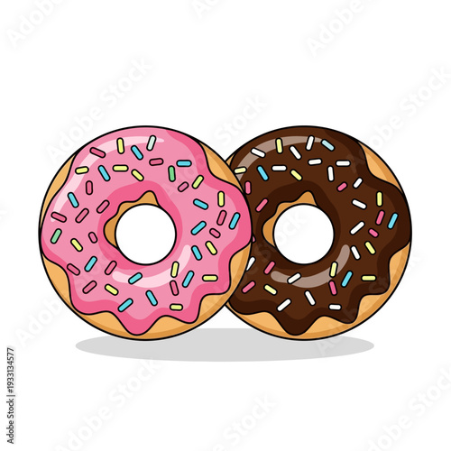 Two delicious donuts, one with pink frosting and sprinkles, the other with chocolate frosting.