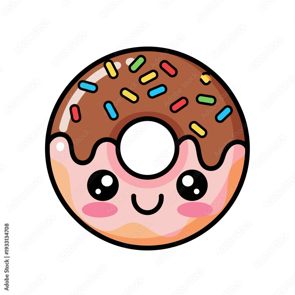 Obraz premium Cute Kawaii Donut Character with Chocolate Frosting and Sprinkles, Vector Illustration