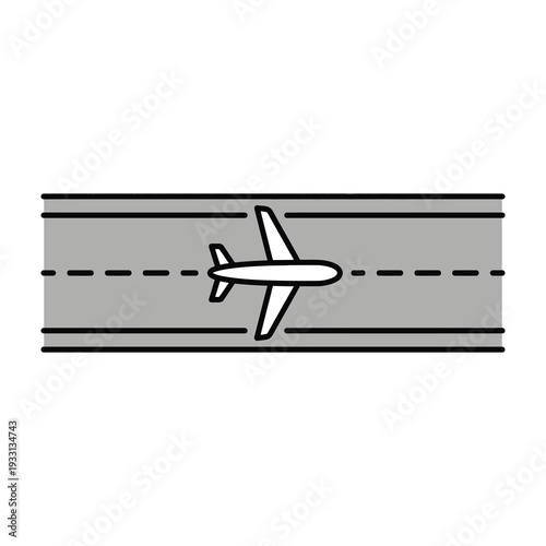 Airplane taxiing on runway with pavement markings in airport setting