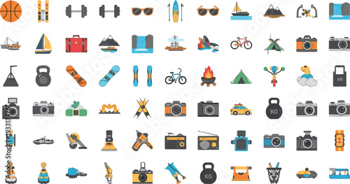 Outdoor Adventure Travel Icon Set with Camping Hiking Sports Equipment Transportation Photography and Summer Activity Flat Vector Collection Symbols Pack