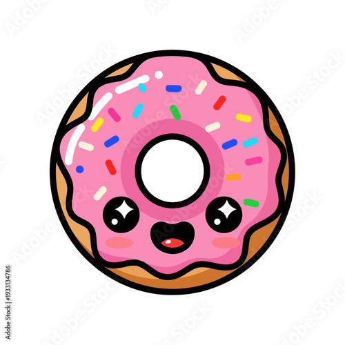 Cute Kawaii Donut with Pink Icing and Colorful Sprinkles, Happy Face