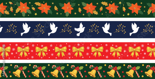 Christmas seamless border collection with festive ribbons bells holly and holiday decorative patterns