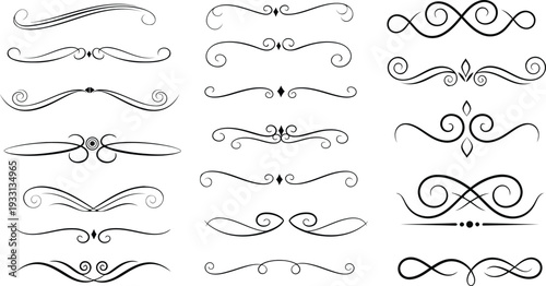 Collection of 16 unique hand drawn swirl and flourish designs for decorative purposes